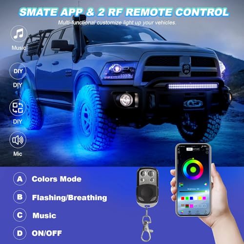 Image of RGB LED Rock Lights Kit, 20 Pods Rock Lights for Semi Truck Offroad Pickup RV Trailer Boat, Waterproof Multicolor Underglow Kit for Truck with APP Remote Control Music Neon Vehicle Underbody Light 12V