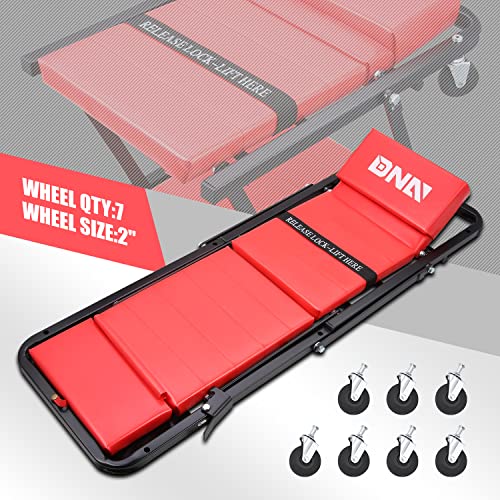 Image of DNA Motoring TOOLS-00192 48 inch 2 IN 1 Folding Rolling Garage Shop Creeper Roller Seat, 7 Pcs 2 inch Casters, 350 Lbs Weight Capacity, Red
