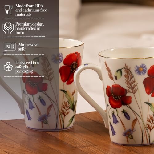 Image of GOLDEN QUEEN'S Mugs Set of 2 for Coffee, Tea, Milk - Ideal for Your Daily Beverage Ritual, Hosting & Casual Gatherings - Wild Poppy Florals (24K Gold on Rim)