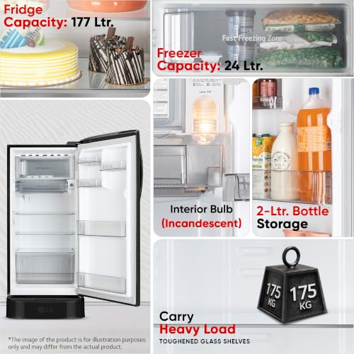 Image of LG 201 L, 5 Star, Smart Inverter, Direct Cool Single Door Refrigerator (GLD2156ZHEG, Emerald Green, Base stand with Drawer)