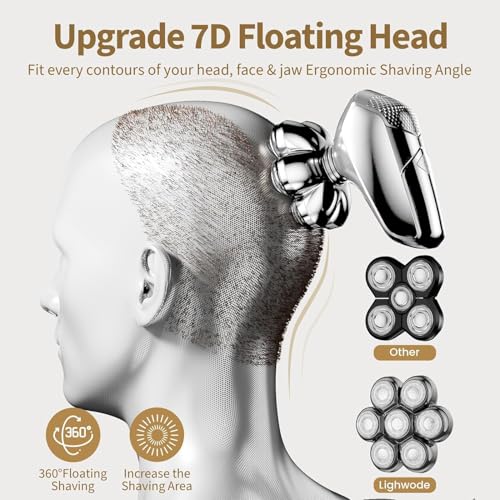 Image of Detachable Head Shavers, SHPAVVER 5 in 1 Electric Razor IPX7 Waterproof for Bald Men, Wet Dry LED Display Rechargeable 7D Rotary Shaver Grooming Kit with Type C Charge A，Bright Silver