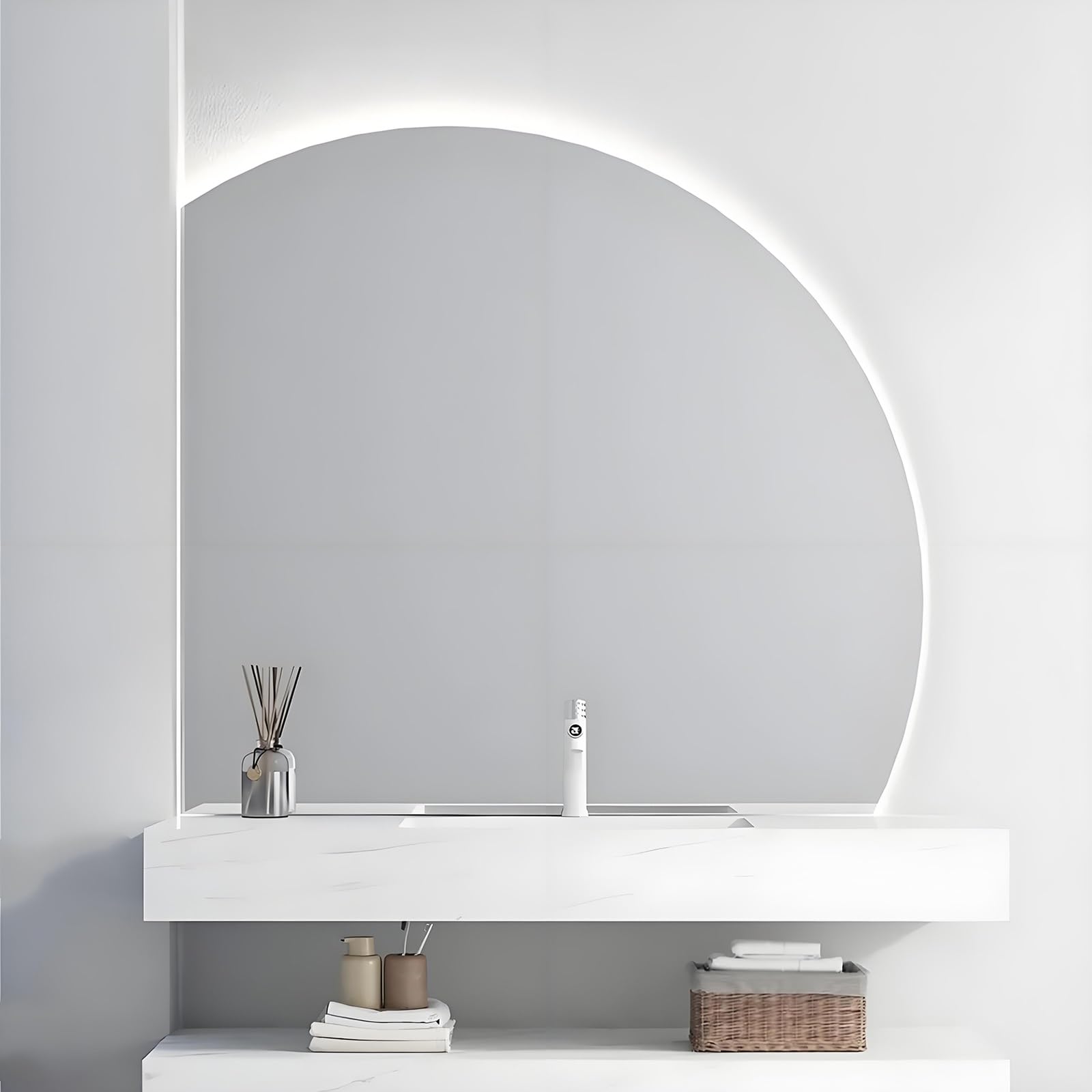 WQZzjm Semicircle Smart Backlit LED Bathroom Mirror 28/32/36/40inch Frameless Half Moon AntiFog Vanity Mirror, 3Color Adjustable, ShatterProof(Left Under Cut,80cm/32) (Left Under Cut 80cm/32)