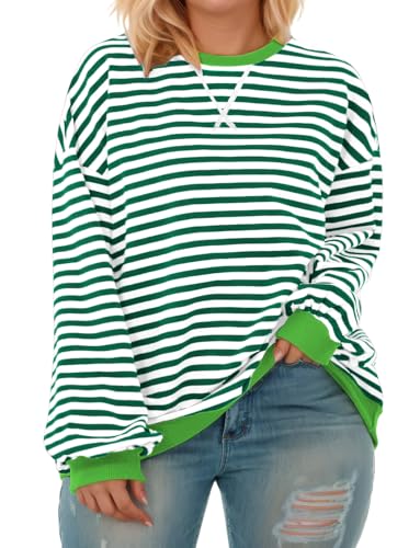 Image of ROSRISS Womens-Plus-Size-Oversized-Sweatshirts Striped Colorblock Long Sleeve Shirts Casual Crewneck Pullover Sweaters XL-5XL