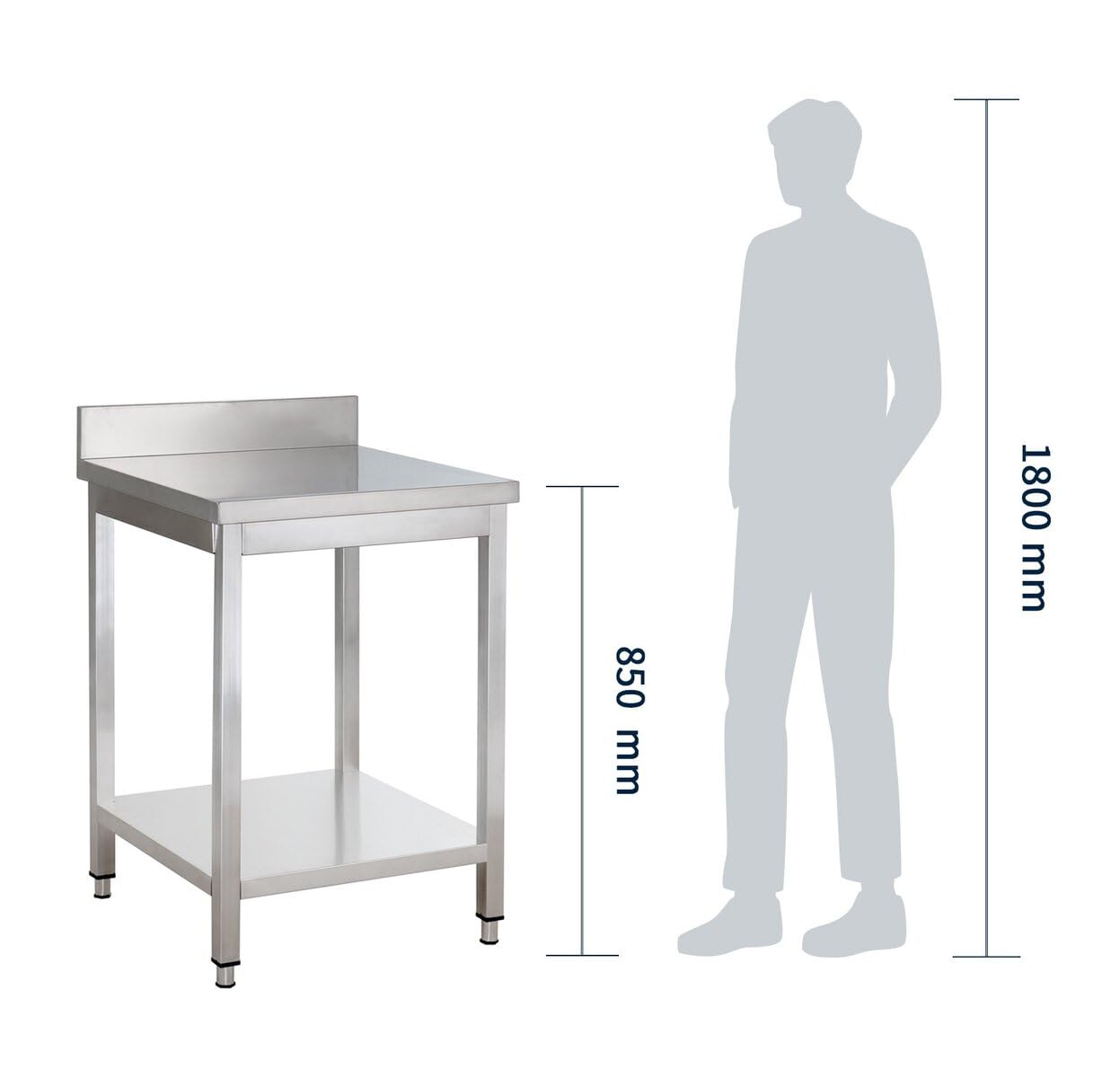GastroHero Arbeitstisch 70x70 cm, Edelstahl YATS77A | Grundboden und Aufkantung, AISI 201, verstärkte Arbeitsplatte, höhenverstellbare Füße, Gastronomie, Profi Küchen