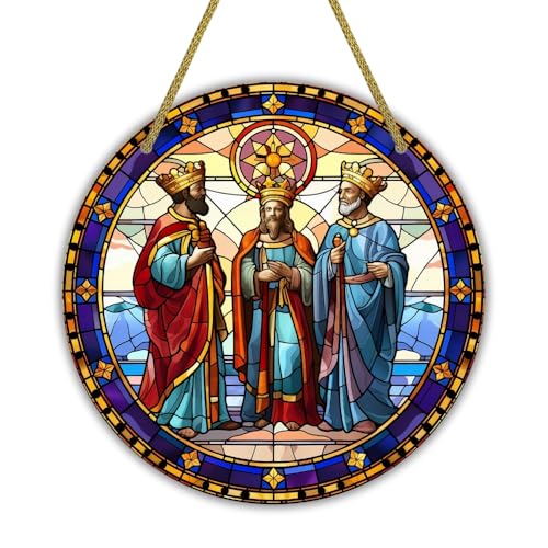 Image of Printality Stained Glass Style Christian Wall Hanging | Round MDF Plaque with Glossy Finish & Golden Zardosi String | Religious Wall Art | Jesus, Mary & Angels Design | Faith Home Decor (Design 7)