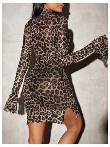 WDIRARA Women's Leopard Print Mock Neck Split Bell Long Sleeve Bodycon Dress Lettuce Trim Sheer Mini Dress2