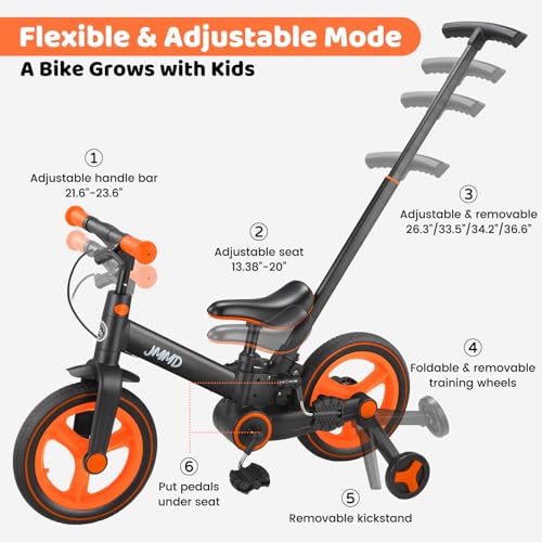 Image of JMMD 6 in 1 Toddler Bike with Push Handle for Kids 18-60 Months, 12 inch Foldable Balance Bike with Training Wheels, Pedals, Brakes, Kickstand, Push Tricycle Toddler Gift & Toys for Boy & Girl