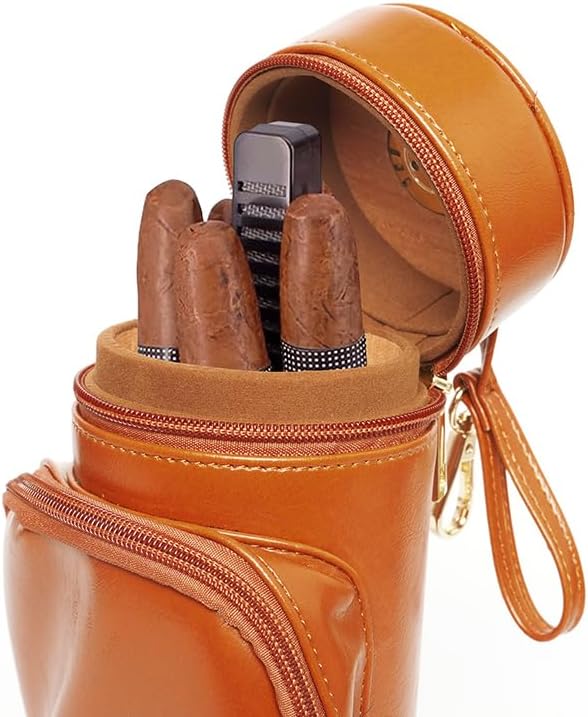 HEYSONG Multifunctional Portable Travel Leather Cigar Humidor Case with Pocket and Cedar Wood Lined Easy to Carry Cigar Accessories HSCG0047