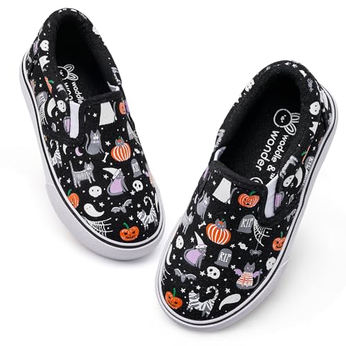 waddle wonder Toddler Halloween Slip-On Loafers for Boys&Girls, Black Canvas with Ghosts & Pumpkins Shoes School Walking Tennis Sneaker Sizes 6-10