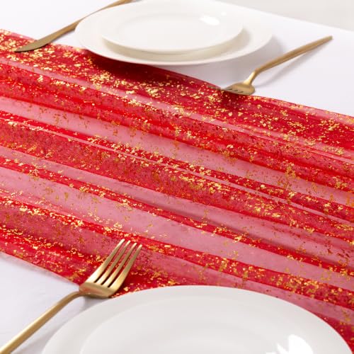 Image of Gold Glitter Table Runner Red Sheer Gauze Foil Table Runner, 3PC