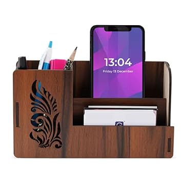 Kbr Pen Stand With Visiting Card & Mobile Holder Multipurpose Wooden Desk Organizer Pen And Pencil Stand For Office Table With Business Card Holder Box And Mobile Stand A - Stationery, Brown - image, photos