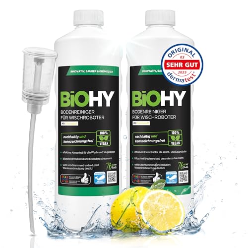 BiOHY Bodenreiniger für Wischroboter (2x1l Flasche) + Dosierer | Konzentrat für alle Wisch & Saugroboter mit Nass-Funktion | nachhaltig & ökologisch