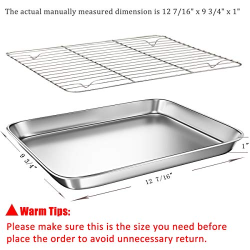 Toaster Oven Tray Baking Pans with Cooling Rack, 12.4 x 9.7 x 1 inch, Stainless Steel Metal Cookie Sheets Set, Sturdy & Heavy Bakeware Sheet Trays Mirror Finish, Dishwasher Safe by EANINNO