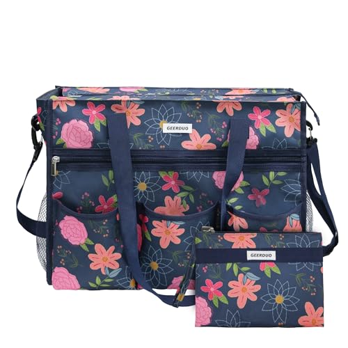 Utility Tote Bag Waterproof with Multiple Organized Pockets Laptop Bag Bottom Support for Women Blue Floral
