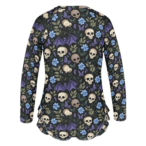 Skull Bat Flower Girls Long Sleeve Rashguard Swimsuit UV Protection One-Piece Swimwear Bathing Suit B04044173