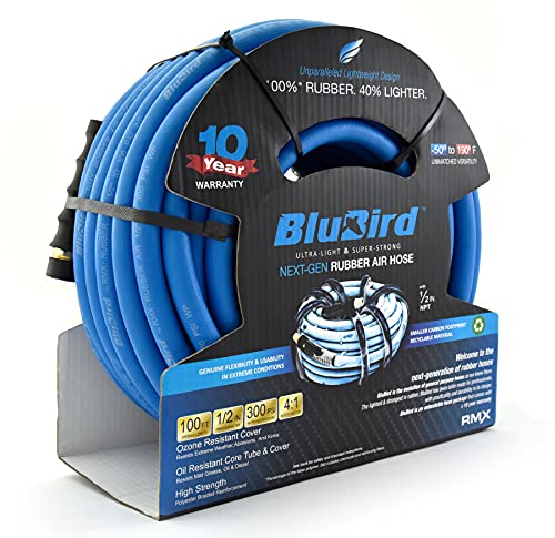 Blubird Bb12100 1/2" X 100' Rubber Air Hose, 100% Rubber, Lightest, Strongest, Most Flexible, 300 Psi, 50F To 190F Degrees, Ozone Resistant, High Strength Polyester Braided #TOP1