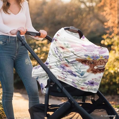 Image of Wanyint Highland Cow Floral Violet Car Seat Covers Baby Car Canopy Shopping Cart Cover Scarf Lightweight Stroller Cover Women Mother Nursing Breastfeeding Covers