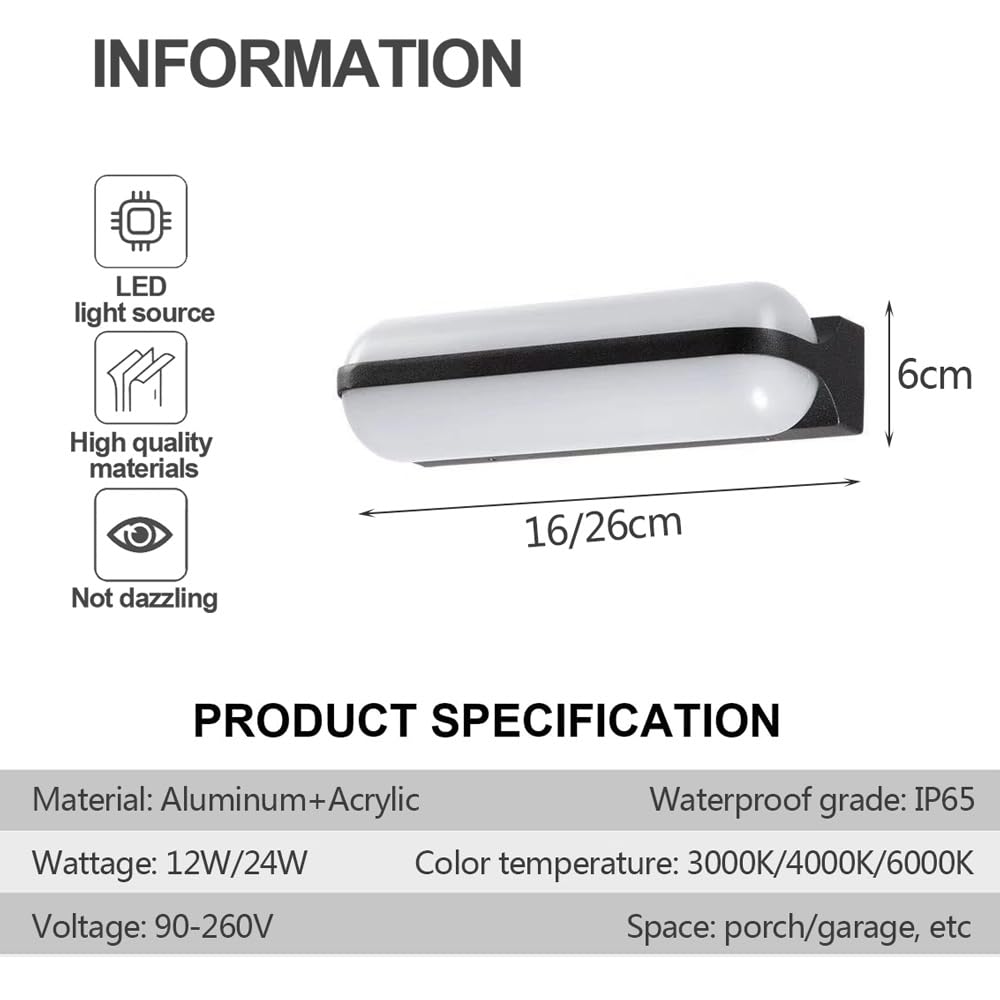 Außenwandleuchten, wasserdichte IP65-Außenleuchten, 12 W/24 W LED-Wandlaternen, Verandaleuchten, an der Wand montierte Außenleuchten für den Hauseingang, die Haustür, die Garage