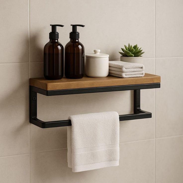 Image of Premium Wall-Mounted Floating Shelf with Integrated Towel Bar | Metal & Wood Bathroom Organizer | Multi-Purpose Storage Rack for Kitchen & Entryway | Matte Black & Natural 0ak Finish