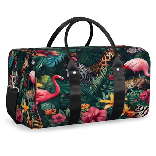 Tropical Animals Duffle Bag for Travel, Overnight Weekend Gym Carry On Luggage Bag, Palm Leaves Travel Duffel Bag for Men Women