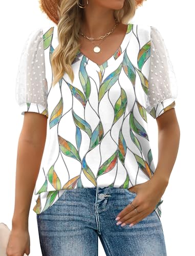 Aokosor Women's Summer V-Neck Puff Sleeve Tops