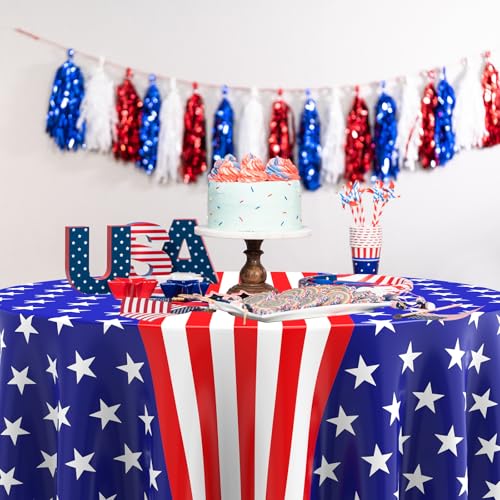 Image of Oudain 3 Pcs 4th of July Decoration Tablecloths 84 Inch Plastic 250th Anniversary Patriotic Tablecloth American Flag Red White Blue Disposable Tablecover for Memorial Day Party Supplies (Star)
