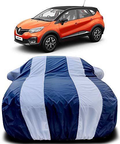 Image of PURPLEHEART Car Body Cover Compatible with Car Body Cover for Captur with Mirror Pocket Triple Stitched Bottom Elastic Water Resistant UV Protection & Dustproof Car Cover-Blue & White