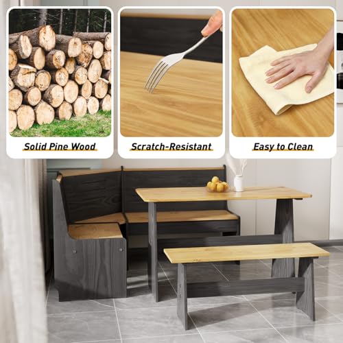 Image of Kitchen Breakfast Nook Table Set - Solid Wood Corner Bench Dining Set for 4-6 People, L Shaped Bench for Dinner Room, Space Saving Kitchen Booth Seating with Table for Small Space, Ink Black