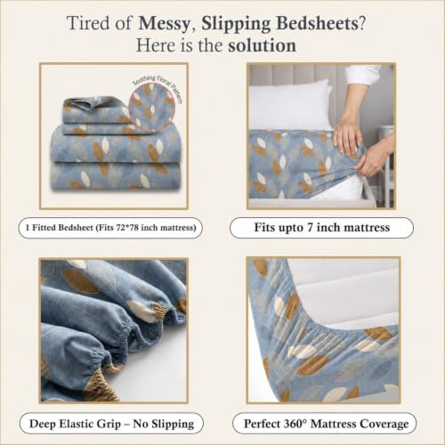 Image of Dream Weaverz- Polycotton Printed Double Bed Size Fitted Elastic Bedsheet,2 Pillow Cover,260 Thread (72 inch x 78 inchx7 inch) Home, Bedroom (Blue-2, King)