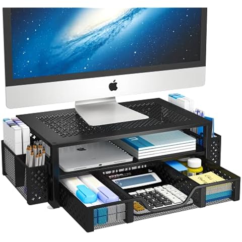Simple Trending 2 Tier Metal Monitor Stand Monitor riser and Computer Desk Organizer with Drawer and Pen Holder for Laptop, Computer, iMac, Black Cover