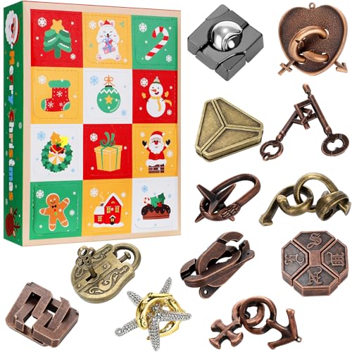 Hollowfly 12 Pcs Christmas Advent Calendar Brain Teaser Puzzles 2024 for Boys Girls Teens Adults 3D Metal Puzzle IQ Educational Box Toy Gift for Xmas Countdown Calendar