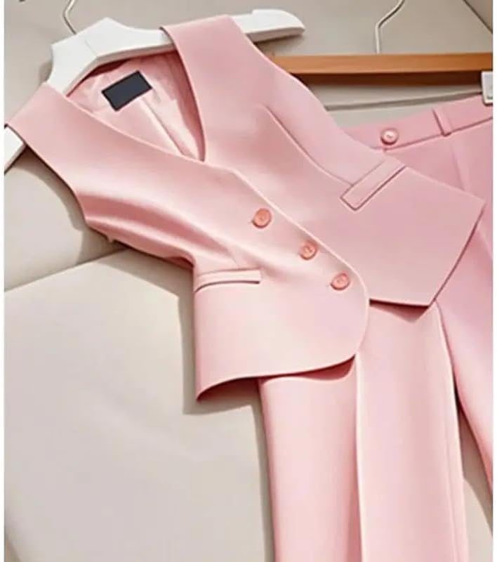 Womens Two Piece Blazer Vest and Pant Suit V Neck Single Breasted Waistcoat High Waist Wide Leg Trousers Formal Outfit