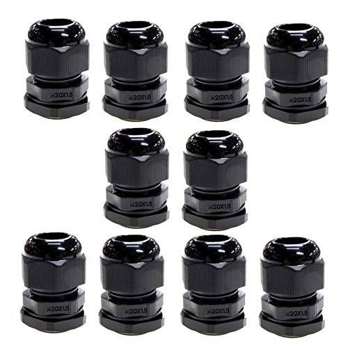 10 Pack Black M20 20mm TRS Stuffing Compression Glands for 6-12mm Cable, Waterproof IP68 with Locknut and Washer