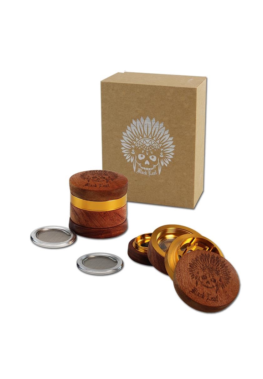 Black Leaf - Grinder con stampa con indiano, 4 pezzi, diametro 60 mm, frantumatore in alluminio e legno di alta qualità con camera per polline, grinder premium con denti a forma di diamante