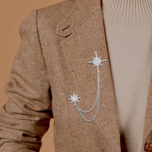 Image of Silver Rhinestone Star Brooch for Women, Crystal Snowflake Brooch Lapel Pins Fashion Broach Pin Dress Suit Accessories with Tassel Chain Clothing Clip Broach for Women Men