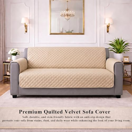 Image of STITCHNEST 'Airsoft Range Series' Solid Quilted Velvet Sofa Cover for 3 Seater | Premium Soft Velvet Sofa Protector | Beige Diamond Quilted Design with Armrest Pockets | Furniture Cover
