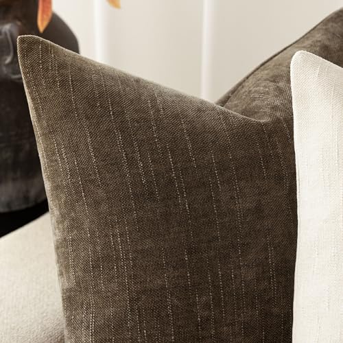 Image of Foindtower Pack of 2 Soft Textured Chenille Throw Decorative Pillow Covers Square Accent Solid Cushion Cover Neutral Farmhouse Pillow Case for Couch Sofa Bedroom Living Room 16x16 Inch,Taupe Brown
