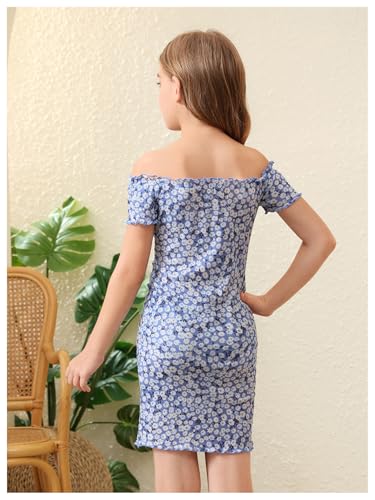 Floerns Girl's Floral Off Shoulder Short Sleeve Dress Ribbed Knit Lettuce Trim Short Dresses2