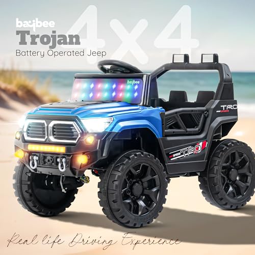 Image of Baybee Trojan Battery Operated Jeep for Kids with RGB Windshield Light, Bluetooth, USB & Music | Baby Big Ride on Battery Car | Electric Jeep Car for Kids to Drive for 2 to 6 Years Boys Girls (Blue)
