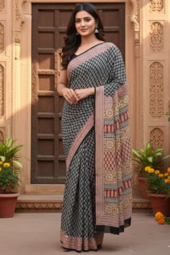Image of Mulmul Cotton Saree for Women with Blouse Piece | Ajark Sarees | Hand Block Prints Sari | Bagru Print | Soft Mul Cotton Sadi