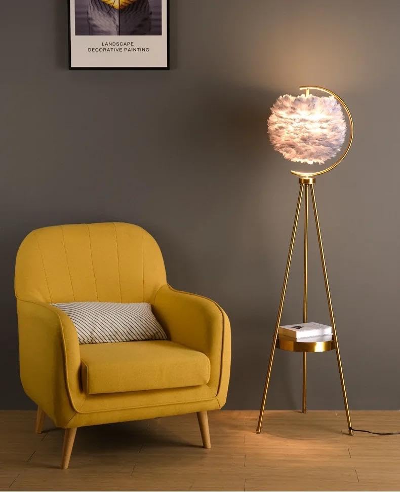 Image of blissbells Modern Feather Shade Tripod Floor Lamp with Gold Metal Frame | Decorative Standing Lamp for Living Room, Bedroom, Corner Lighting | Elegant Nordic Home Decor Floor Light