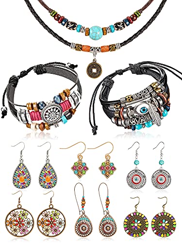 Hicarer 9 Pieces Bohemian Western Jewelry Set for Women Turquoise Vintage Dangle Earrings Set Boho Retro Rhinestone Drop Earrings Multi-layer Beaded Leather Bracelet and Turquoise Bead Necklace