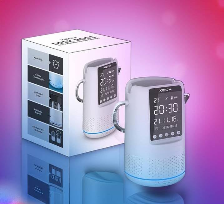 GW- Mirror Finish Large Display Digital Alarm Clock with Powerful 10 Watt Wireless Bluetooth Speaker, Inbuilt with Phone Holder Pen HolderMultifunction RGB Light (White,Thumpy bass)