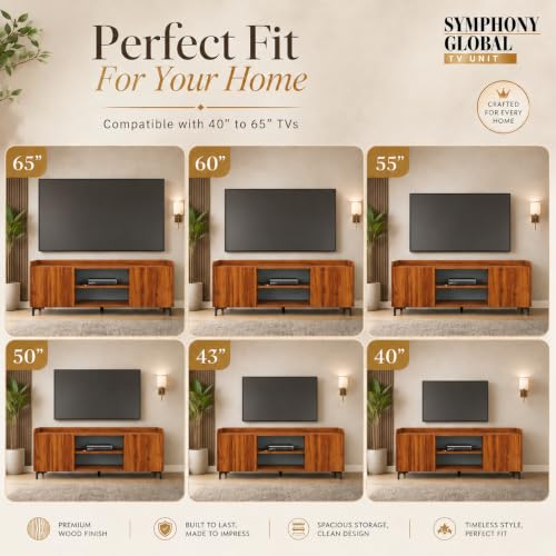 Image of Studio Kook Symphony Global 150 cm TV Unit, Amber Walnut | 150 cm engineered wood TV cabinet for 40-65 inch TVs, with two side cabinets, open shelves and a 70 kg tabletop capacity.