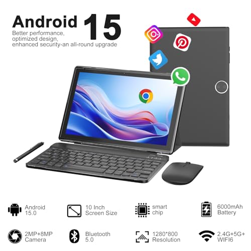 Image of BYANDBY Android 14, 2 in 1 Tablet with Keyboard, 10 inch Tablets, 8GB+64GB /1TB Expand, 2.4G+5G+Wi-Fi 6, Dual Camera, 6000 mAh, BT, GMS, Games, with Case (Black)