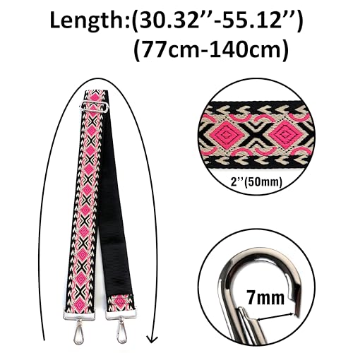 Image of Black Hot Pink Boho Diamond Purse Strap with Silver Hardware 2 Inch Wide Replacement Crossbody Guitar Style Shoulder Strap for Handbags Totes