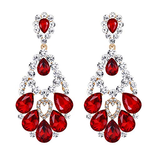 Flyonce Women's Crystal Wedding Floral Hollow Out Teardrop Pierced Dangle Earrings Red Gold-Tone