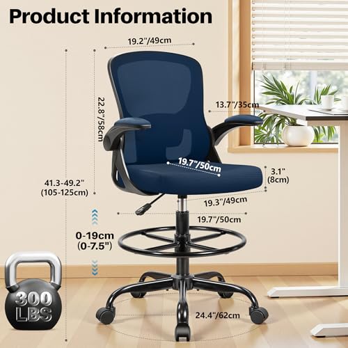 Image of Ergonomic Drafting Chair for Standing Desk, Office Chair with Adjustable Height, Flip-Up Armrests & Footrest Ring, 360 Swivel Mesh High Desk Chair for Studio, Study, Artist, Gaming, Work Navy