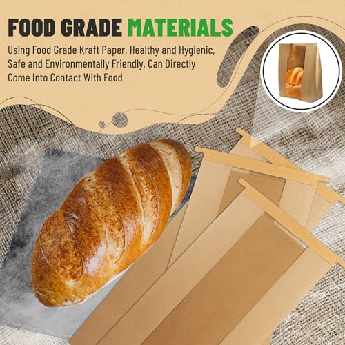 New EASY TSK 100 Pack - Paper Bread Bags for Sourdough - XL 16\"x8.5\"x4\" - Bread Bag with Window - Bread Bags with Ties - Tin Tie Tab Lock - 100 New Stickers - Cookie Bakery Bag - Loaf Bags In Box
