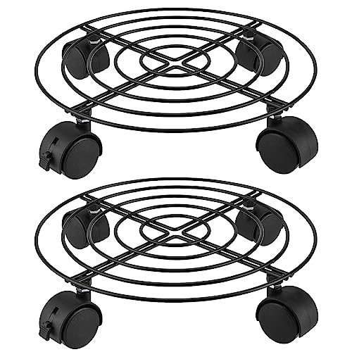 CHEUKYIU 2 Stück 27 cm Durchmesser Pflanze Caddy mit Rädern Runder Metall-Pflanzenständer mit Rädern Heavy Duty Topfpflanzenständer für Drinnen und Draußen Tragkraft 50 kg Schwarz
